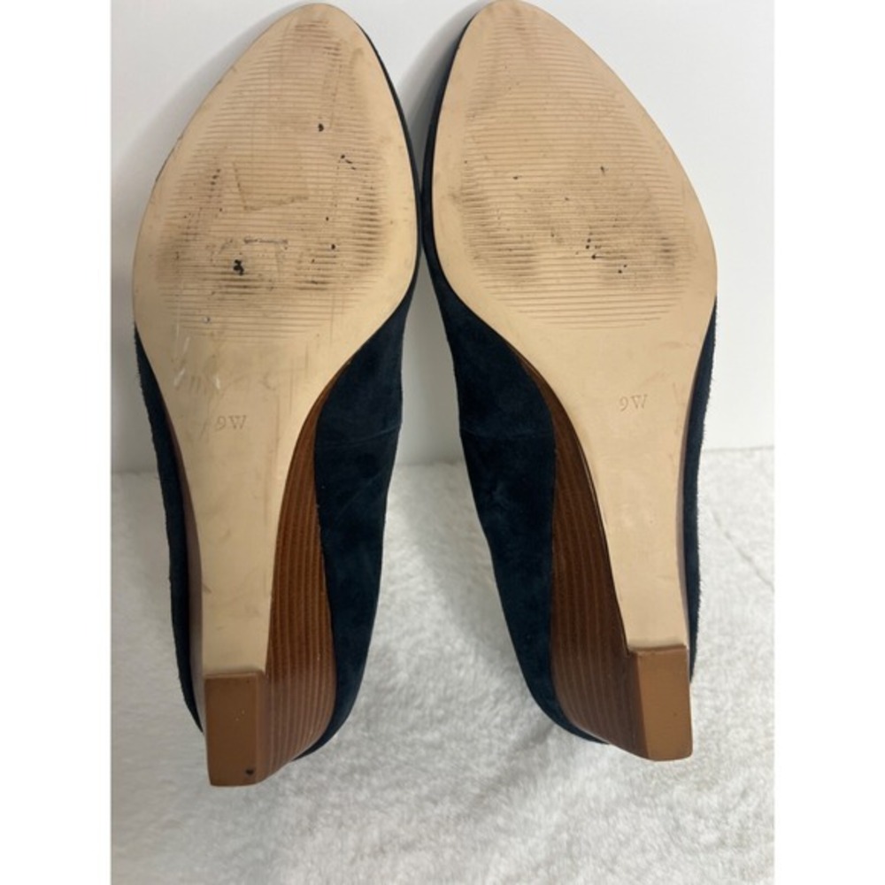 Navy Blue Suede Wedge Pumps Women 9W Genuine Leather Almond Toe Low Heel Shoes - Picture 5 of 8